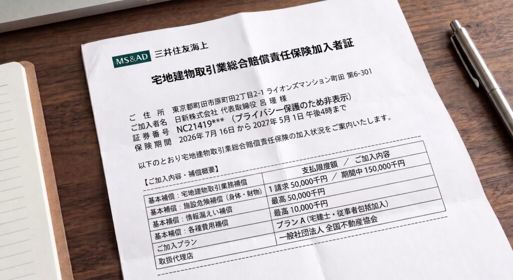 日新株式会社 三井住友海上 宅地建物取引業総合賠償責任保険加入者証